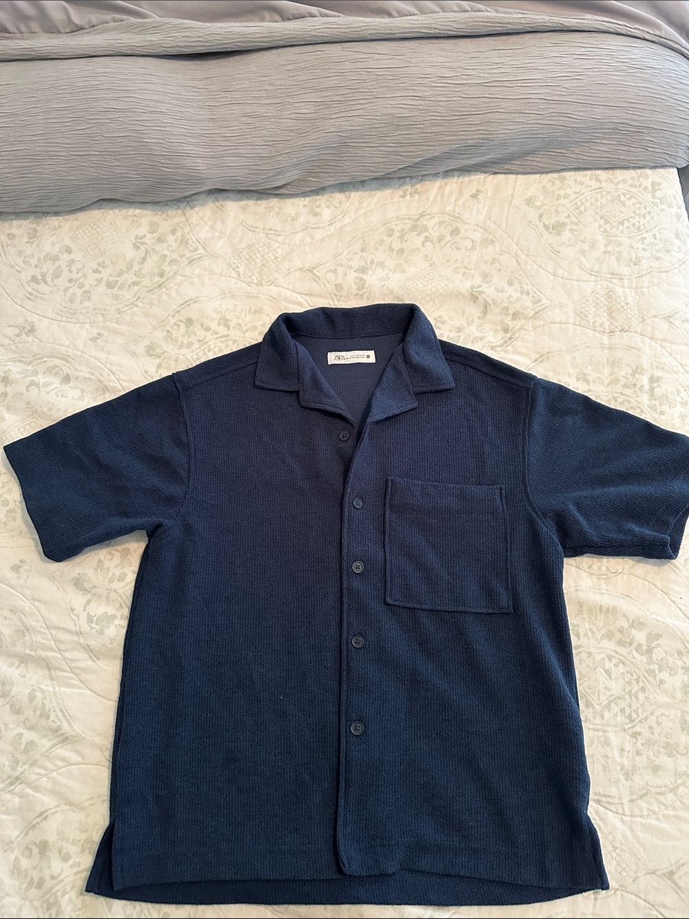 Zara Navy Short-Sleeve Knit Camp Shirt
